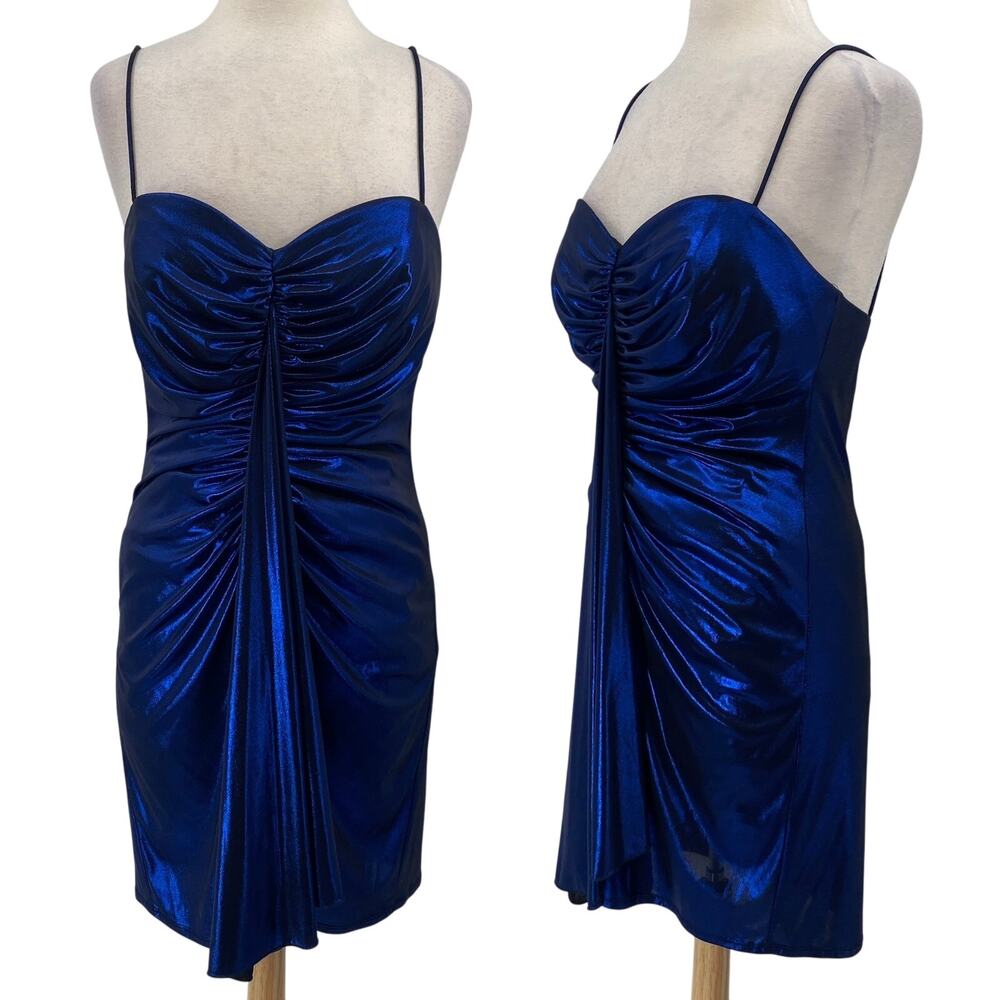 Vintage 90s Lame Mini Dress Ruched Sweetheart Neckline Metallic Blue Womens 8